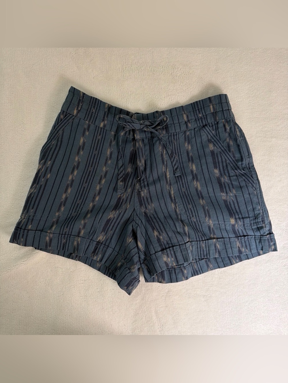 Prana Navy and Taupe Striped High-Waist Drawstring Shorts